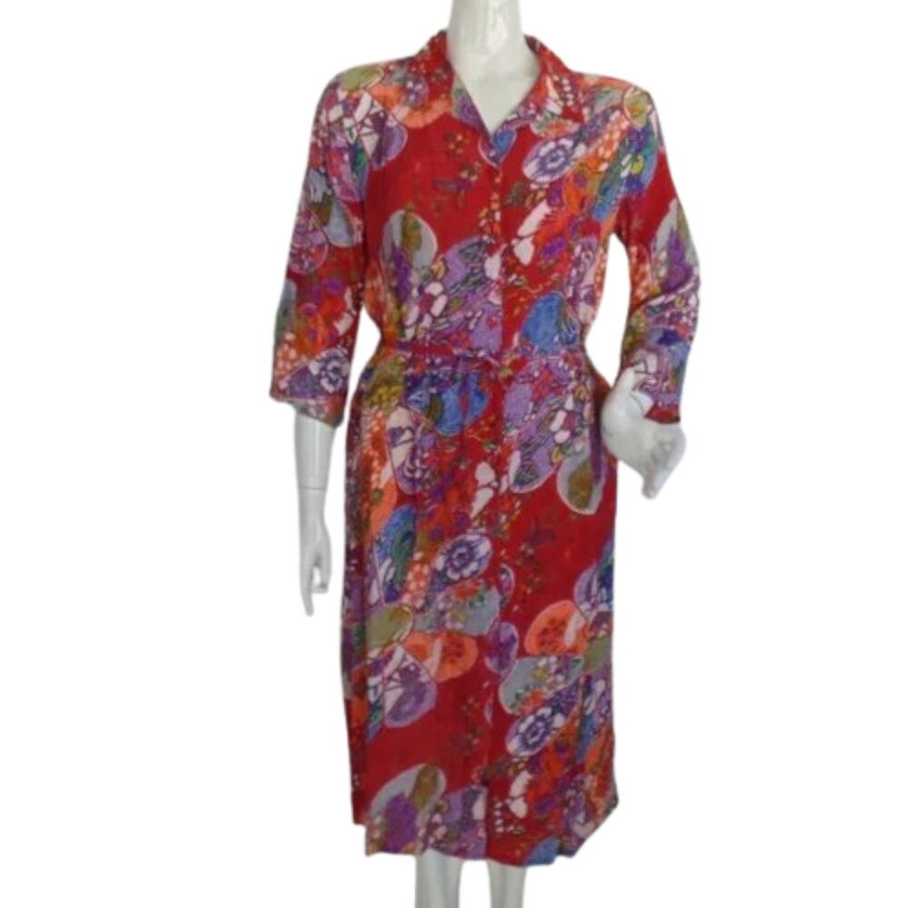 LE MIEUX Shirt Dress, M, Red, Floral print, Mid sleeve, Button front, Collar